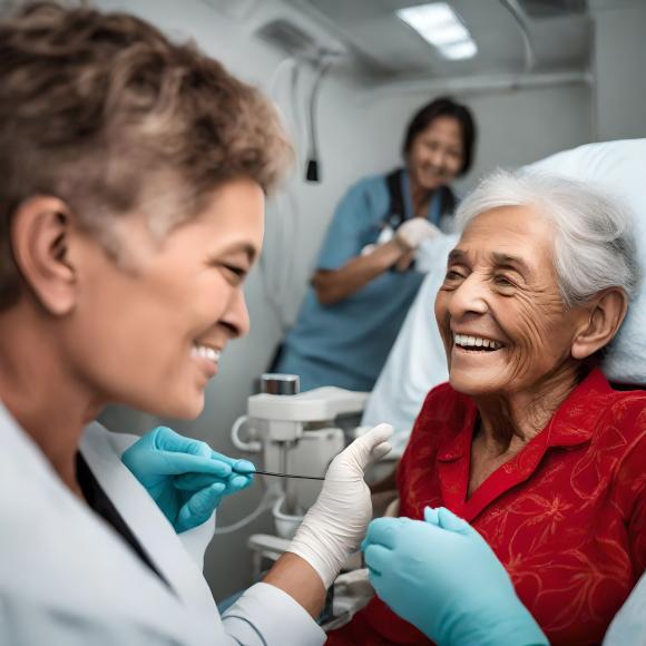 Mulher idosa recebendo TMO no hospital