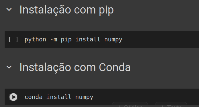 instalação do numpy com pip e conda para um tutorial sobre numpy e scipy.