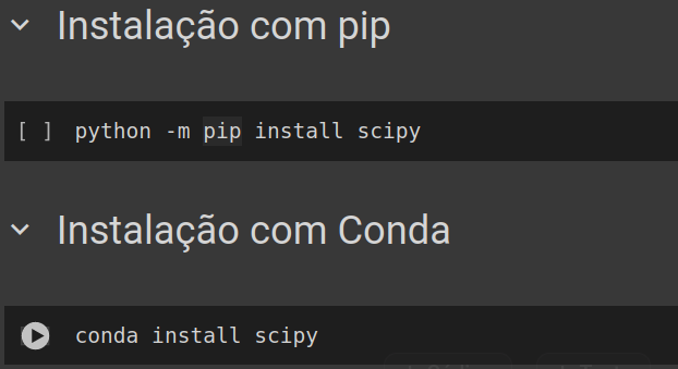 Instalação da biblioteca Scipy com pip e conda para um tutorial envolvendo Numpy e Scipy.