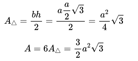 cálculo das áreas de triângulos equiláteros e do hexágono.